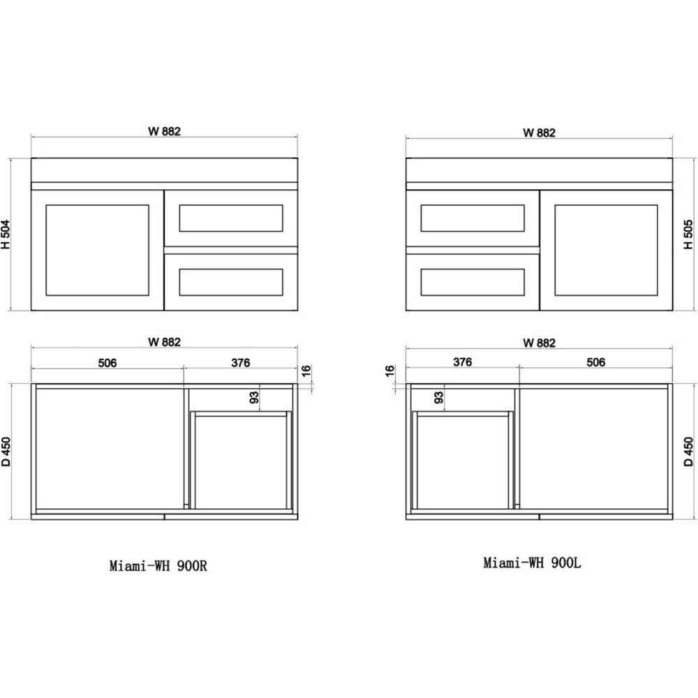 RIVA MIAMI MATTE WHITE 900MM SINGLE BOWL WALL HUNG VANITY (AVAILABLE IN LEFT AND RIGHT HAND DRAWER)