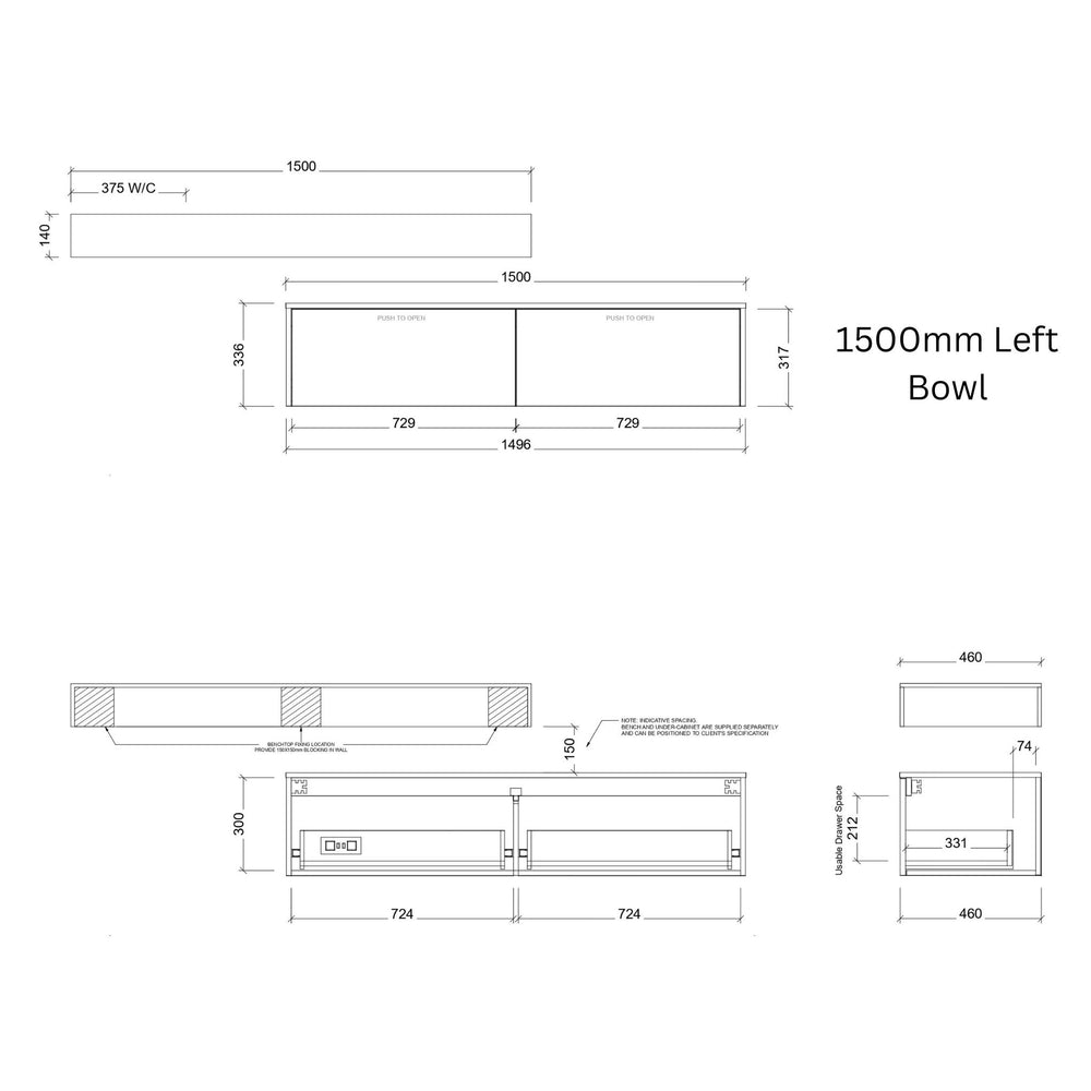 TIMBERLINE MILAN CUSTOM WALL HUNG VANITY (ALL SIZING)