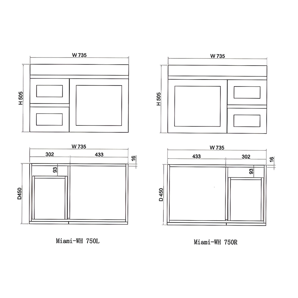 RIVA MIAMI MATTE WHITE 750MM SINGLE BOWL WALL HUNG VANITY (AVAILABLE IN LEFT AND RIGHT HAND DRAWER)