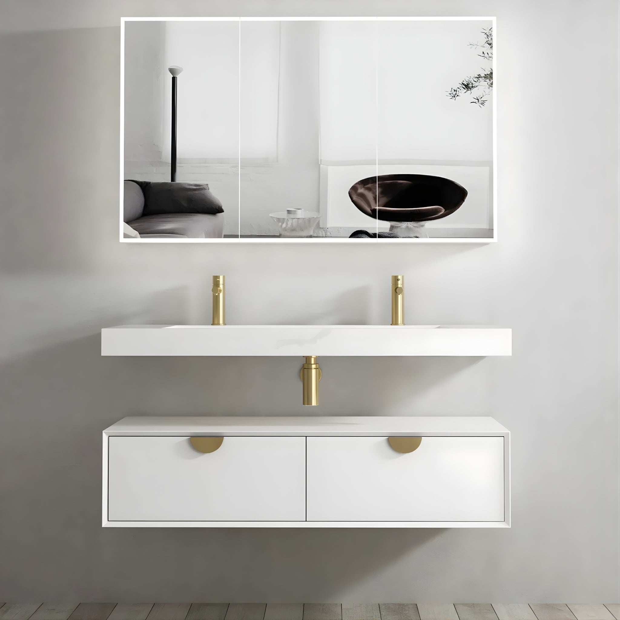 OTTI MOONLIGHT WHITE 1200MM DOUBLE BOWL WALL HUNG CABINET AND BASIN