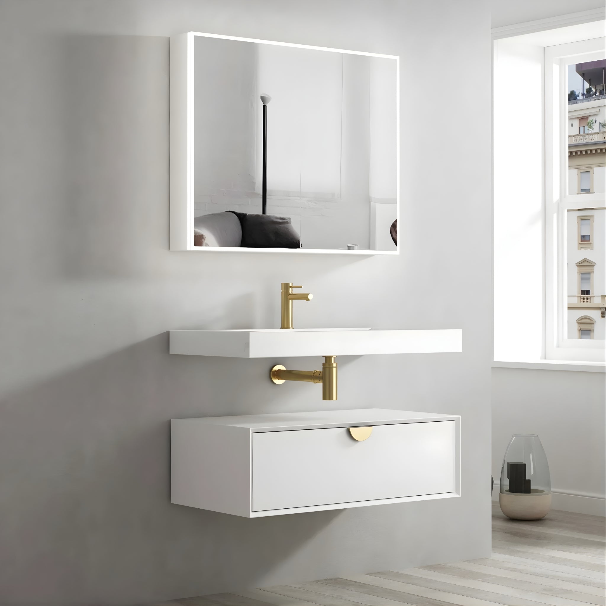 OTTI MOONLIGHT WHITE 900MM SINGLE BOWL WALL HUNG CABINET AND BASIN