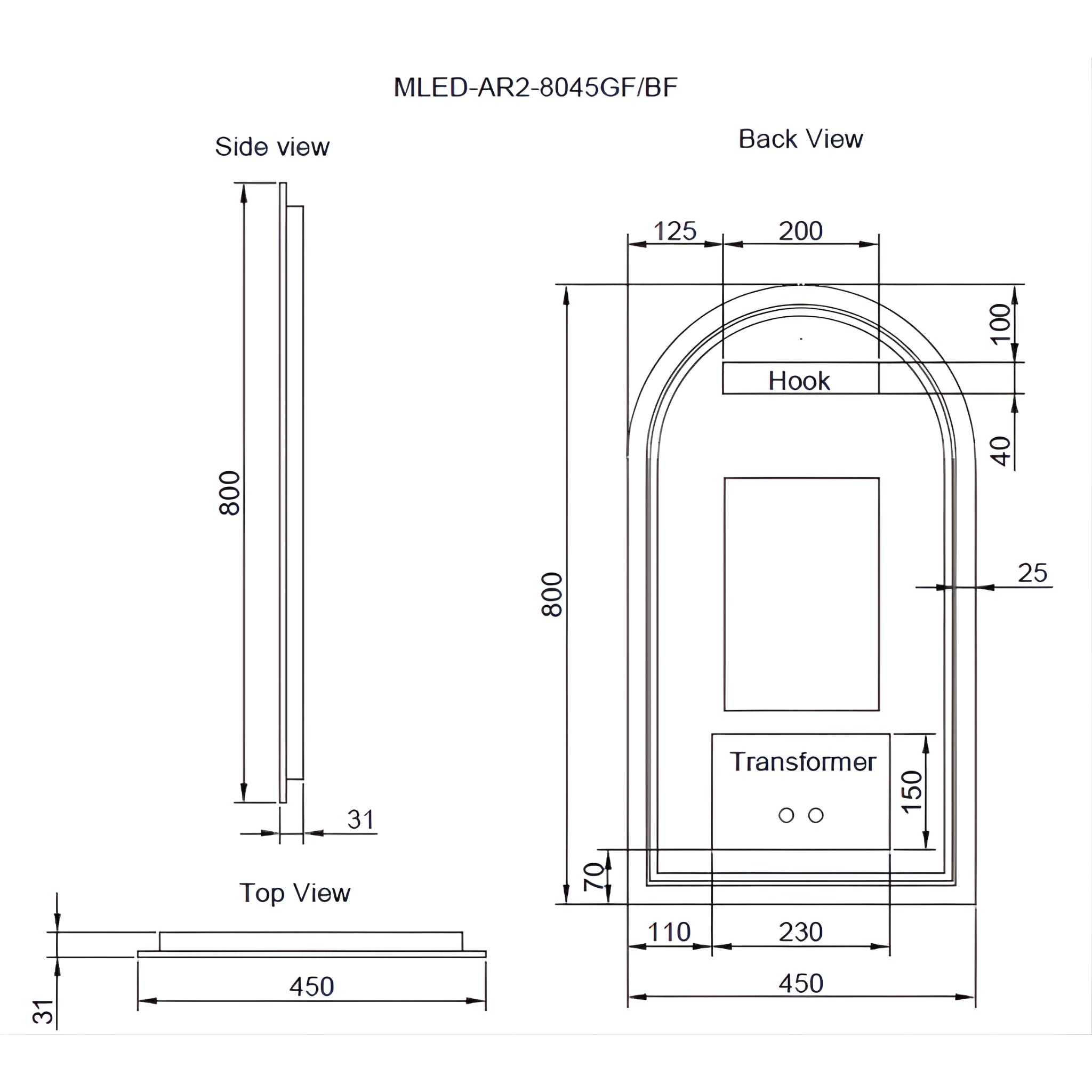 RIVA AR2 FRAMED ARCH LED MIRROR 3 COLOUR LIGHTS BRUSHED COPPER 450X800MM