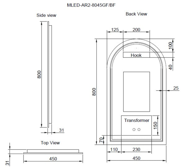 RIVA AR2 FRAMED ARCH LED MIRROR 3 COLOUR LIGHTS BRUSHED NICKEL 450X800MM