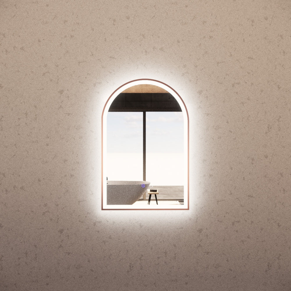 RIVA AR2 FRAMED ARCH LED MIRROR 3 COLOUR LIGHTS BRUSHED COPPER 600X900MM