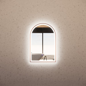 RIVA AR2 FRAMED ARCH LED MIRROR 3 COLOUR LIGHTS BRUSHED COPPER 600X900MM