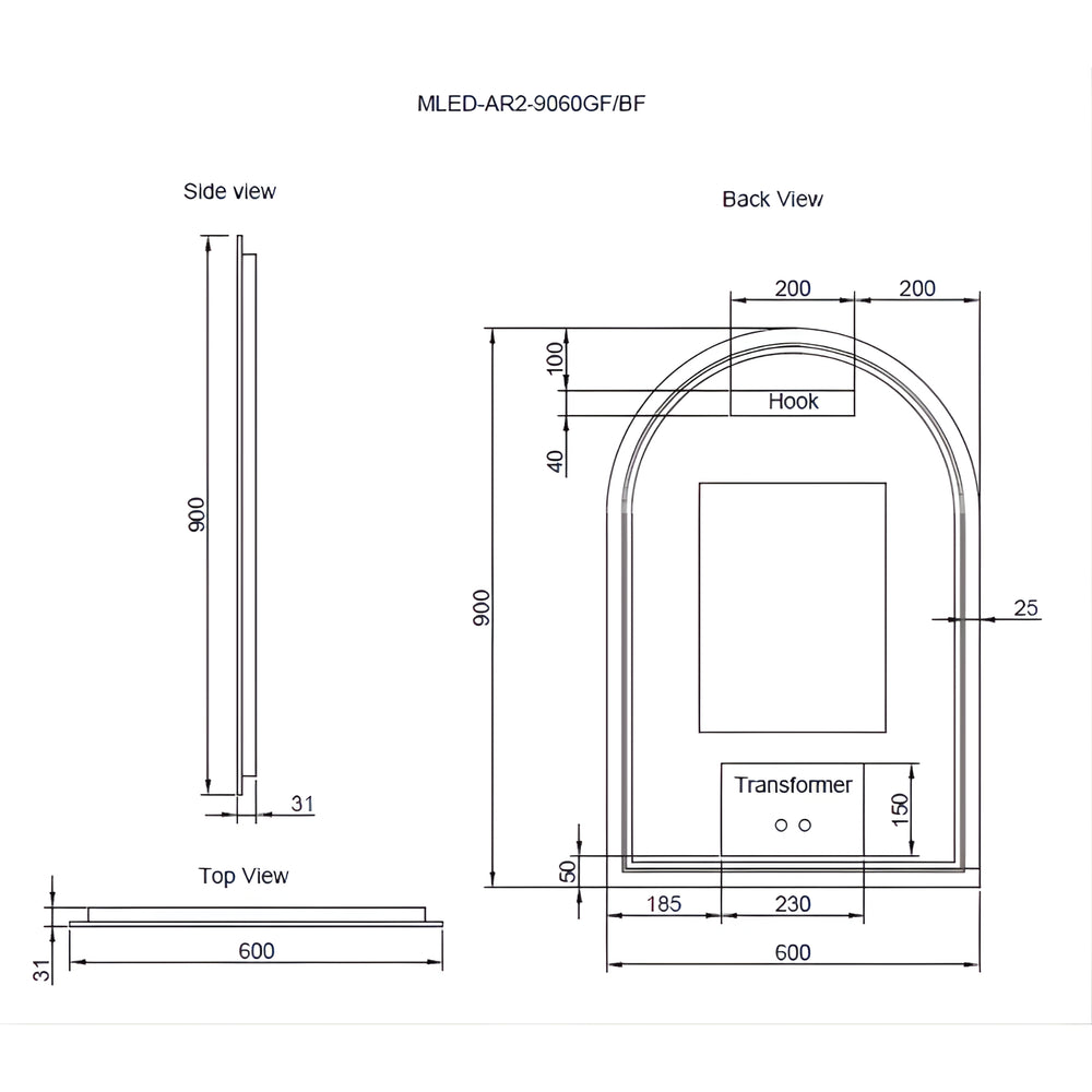 RIVA AR2 FRAMED ARCH LED MIRROR 3 COLOUR LIGHTS BRUSHED COPPER 600X900MM