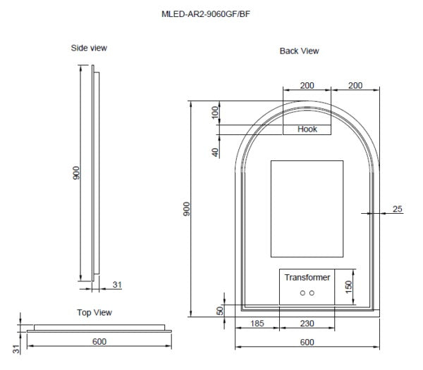 RIVA AR2 FRAMED ARCH LED MIRROR 3 COLOUR LIGHTS BRUSHED NICKEL 600X900MM