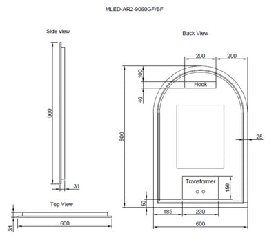 RIVA AR2 FRAMED ARCH LED MIRROR 3 COLOUR LIGHTS BRUSHED NICKEL 600X900MM