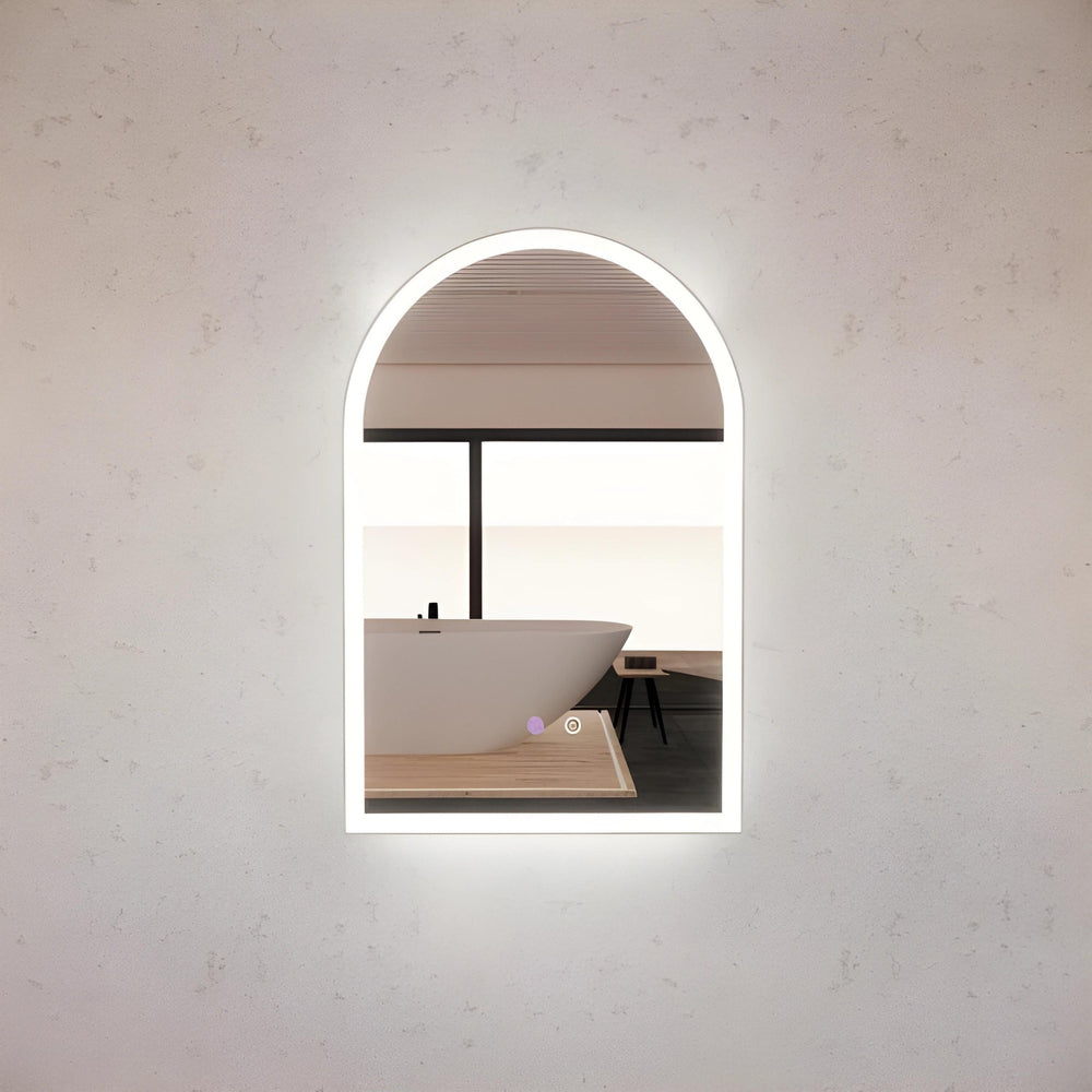 RIVA AR2 FRAMED ARCH LED MIRROR 3 COLOUR LIGHTS BRUSHED NICKEL 600X900MM