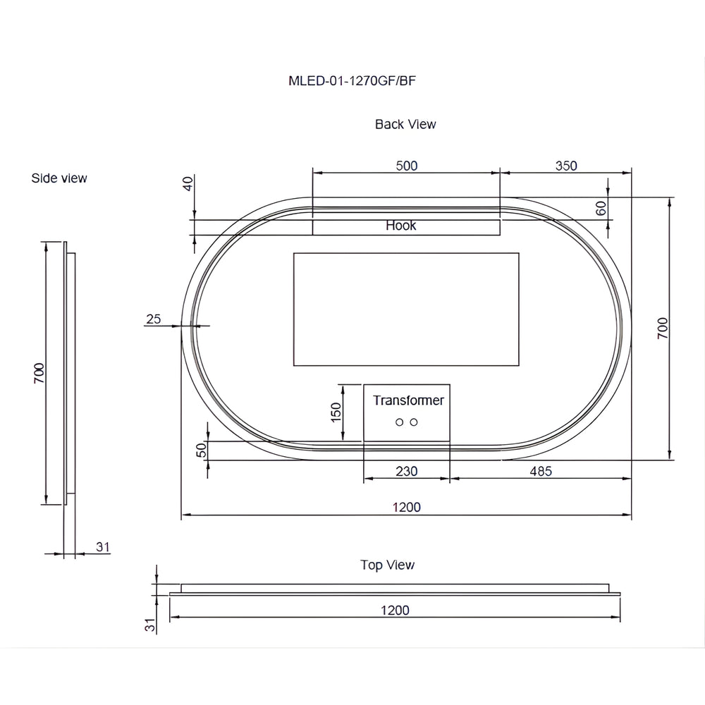 RIVA O1 FRAMED OVAL LED MIRROR 3 COLOUR LIGHTS BRUSHED COPPER 1200X700MM