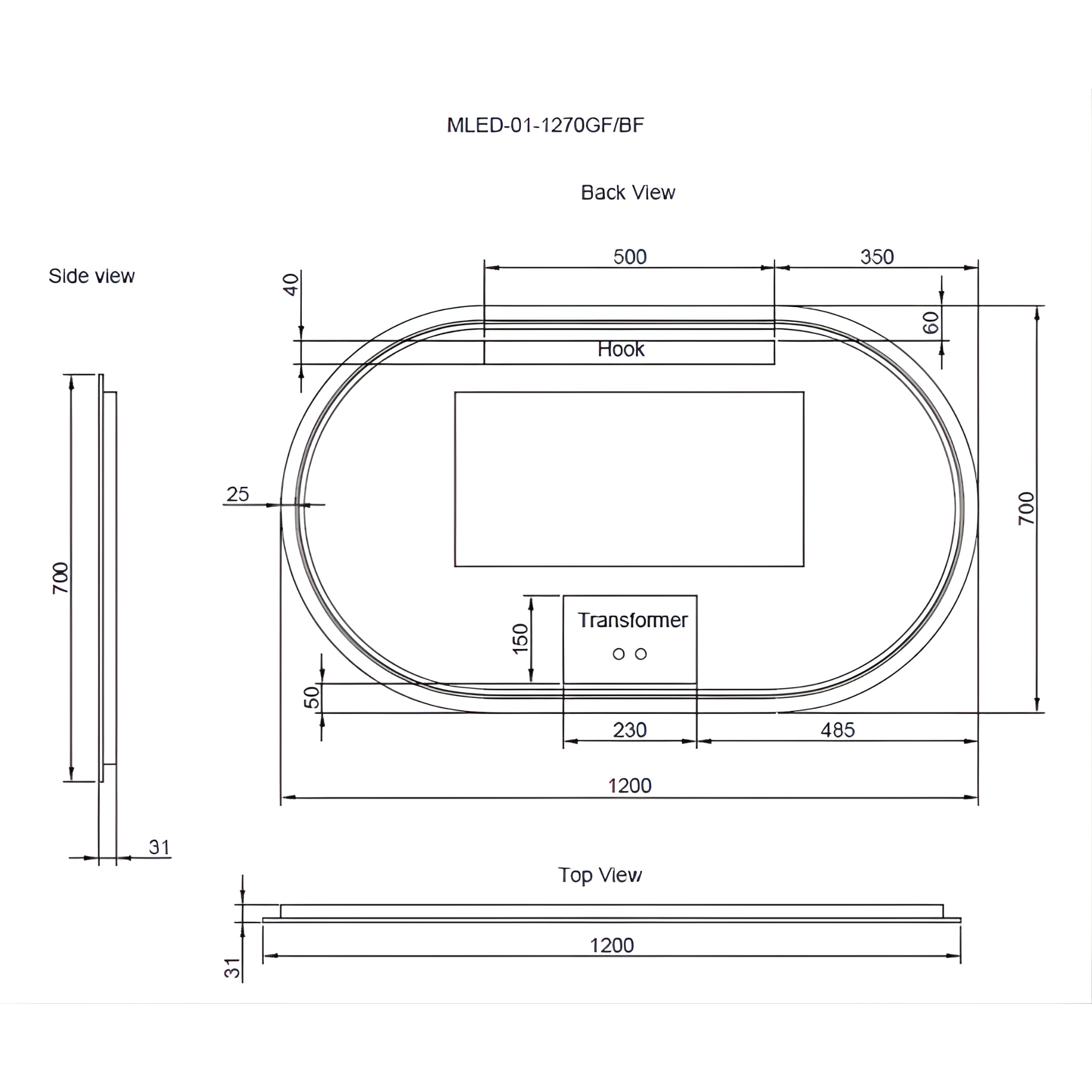 RIVA O1 FRAMED OVAL LED MIRROR 3 COLOUR LIGHTS BRUSHED COPPER 1200X700MM