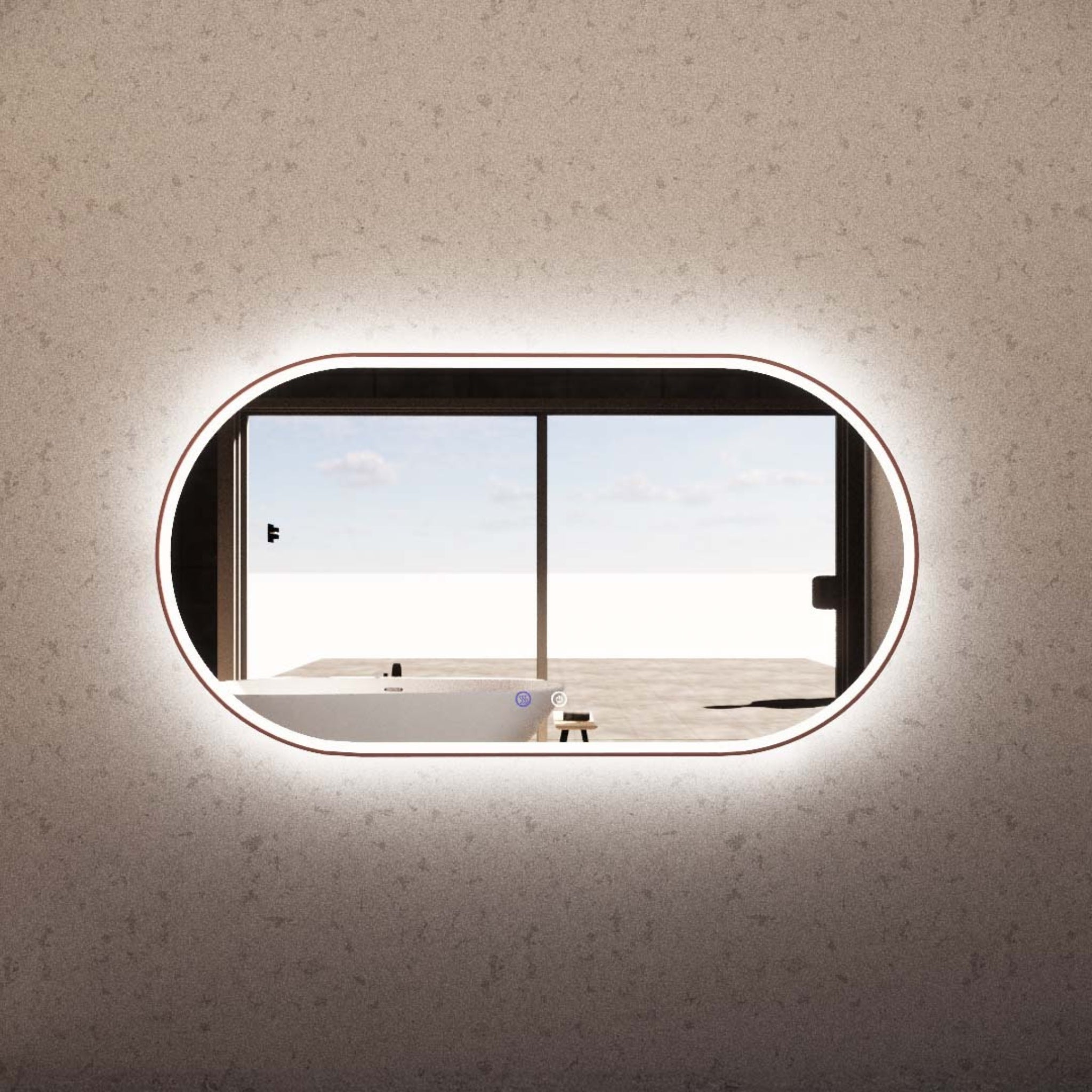 RIVA O1 FRAMED OVAL LED MIRROR 3 COLOUR LIGHTS BRUSHED COPPER 1500X800MM