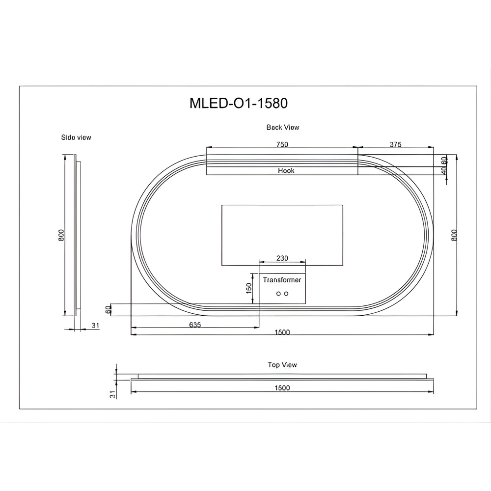 RIVA O1 FRAMED OVAL LED MIRROR 3 COLOUR LIGHTS BRUSHED COPPER 1500X800MM
