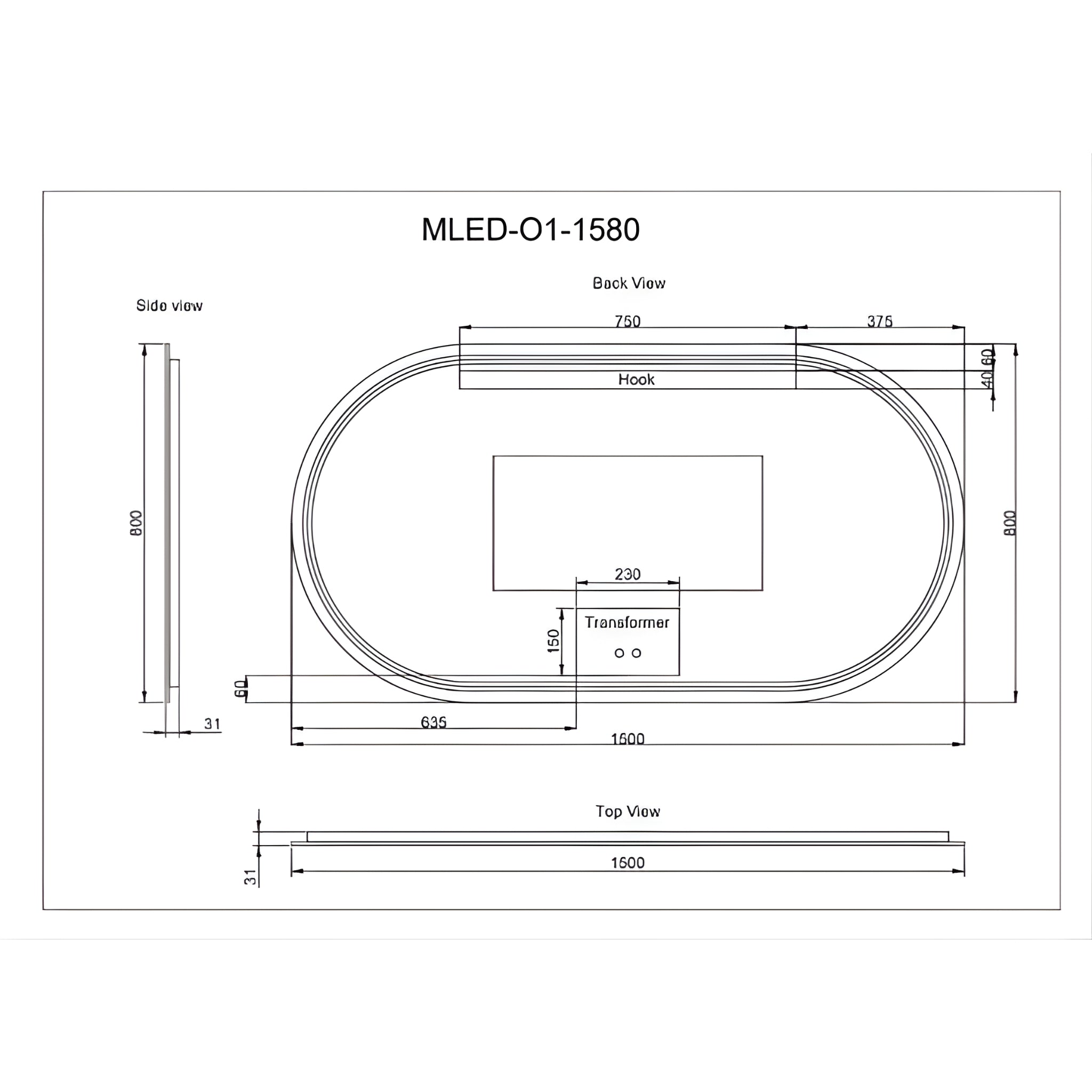 RIVA O1 FRAMED OVAL LED MIRROR 3 COLOUR LIGHTS BRUSHED COPPER 1500X800MM