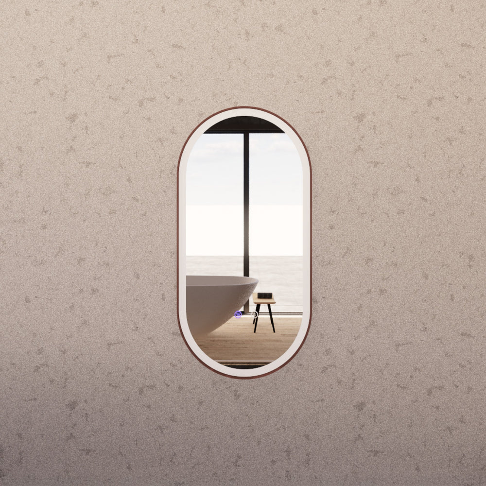 RIVA O1 FRAMED OVAL LED MIRROR 3 COLOUR LIGHTS BRUSHED COPPER 450X900MM