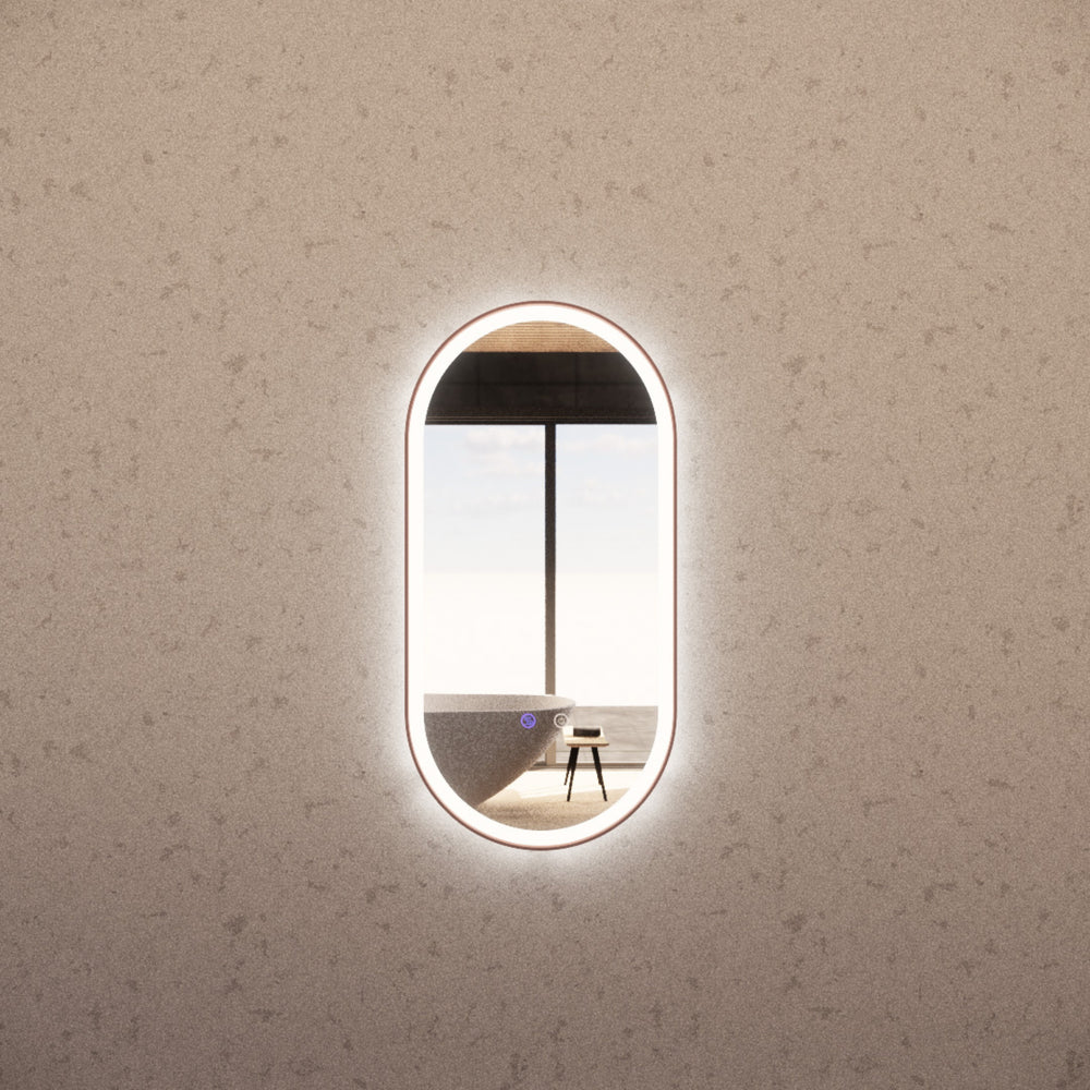 RIVA O1 FRAMED OVAL LED MIRROR 3 COLOUR LIGHTS BRUSHED COPPER 450X900MM