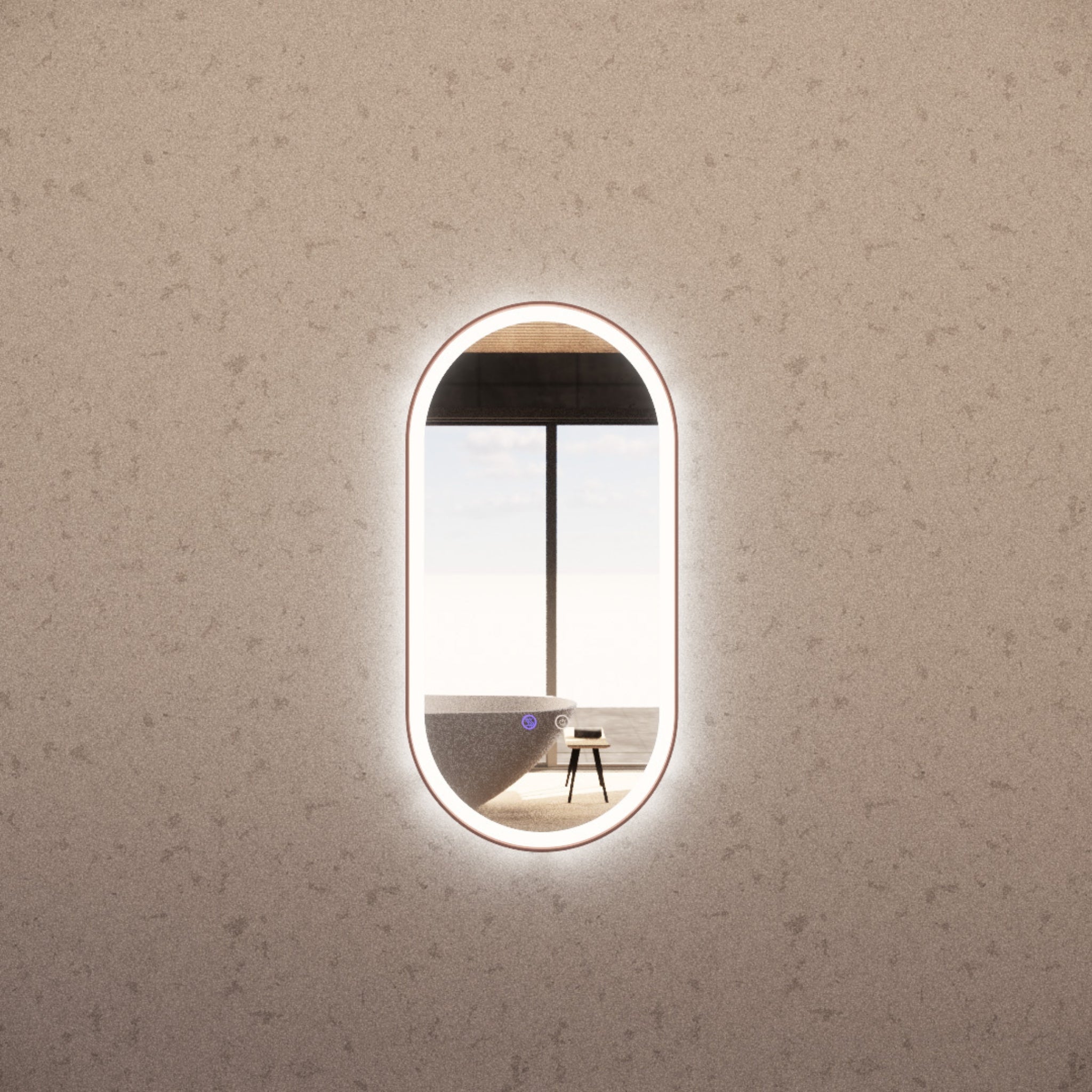 RIVA O1 FRAMED OVAL LED MIRROR 3 COLOUR LIGHTS BRUSHED COPPER 450X900MM