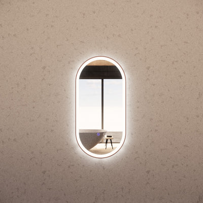 RIVA O1 FRAMED OVAL LED MIRROR 3 COLOUR LIGHTS BRUSHED COPPER 450X900MM