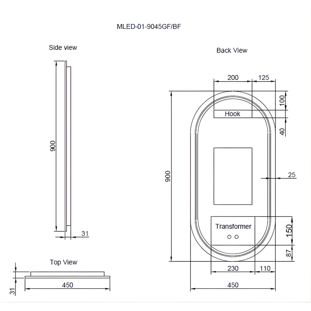 RIVA O1 FRAMED OVAL LED MIRROR 3 COLOUR LIGHTS BRUSHED COPPER 450X900MM