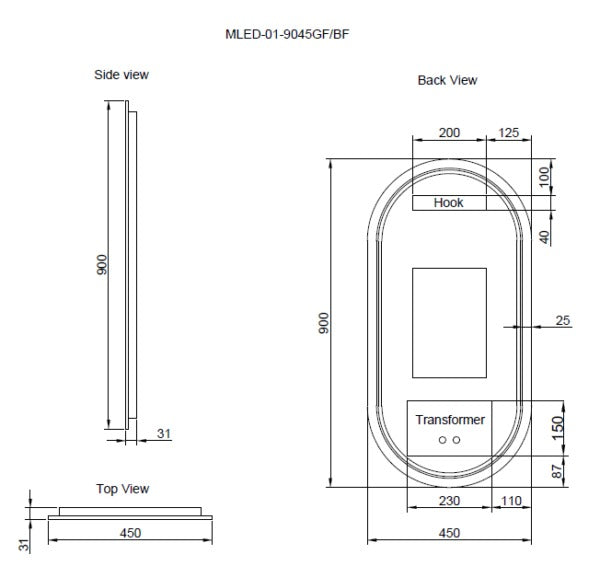 RIVA O1 FRAMED OVAL LED MIRROR 3 COLOUR LIGHTS BRUSHED NICKEL 450X900MM