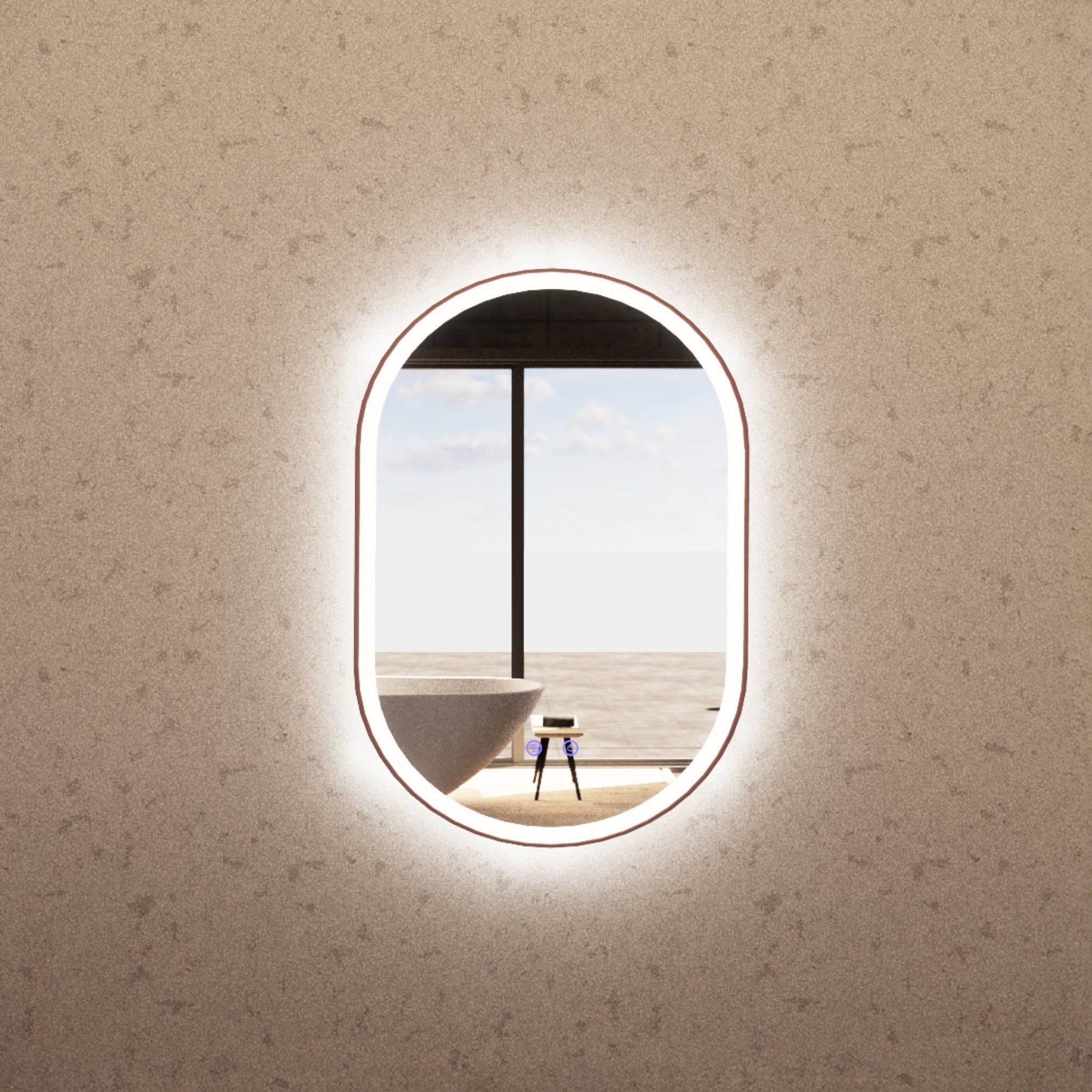 RIVA O1 FRAMED OVAL LED MIRROR 3 COLOUR LIGHTS BRUSHED COPPER 600X900MM