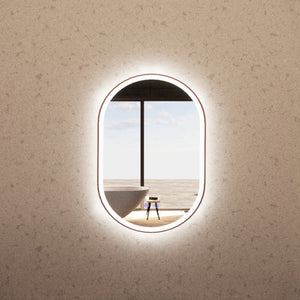 RIVA O1 FRAMED OVAL LED MIRROR 3 COLOUR LIGHTS BRUSHED COPPER 600X900MM