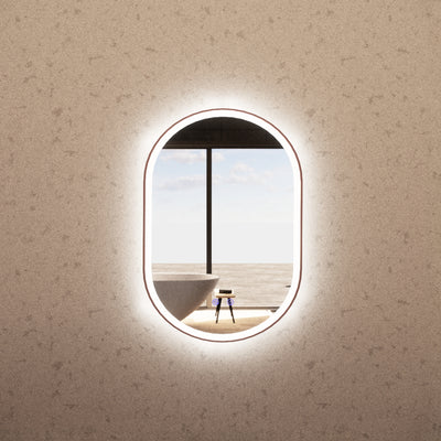 RIVA O1 FRAMED OVAL LED MIRROR 3 COLOUR LIGHTS BRUSHED COPPER 600X900MM