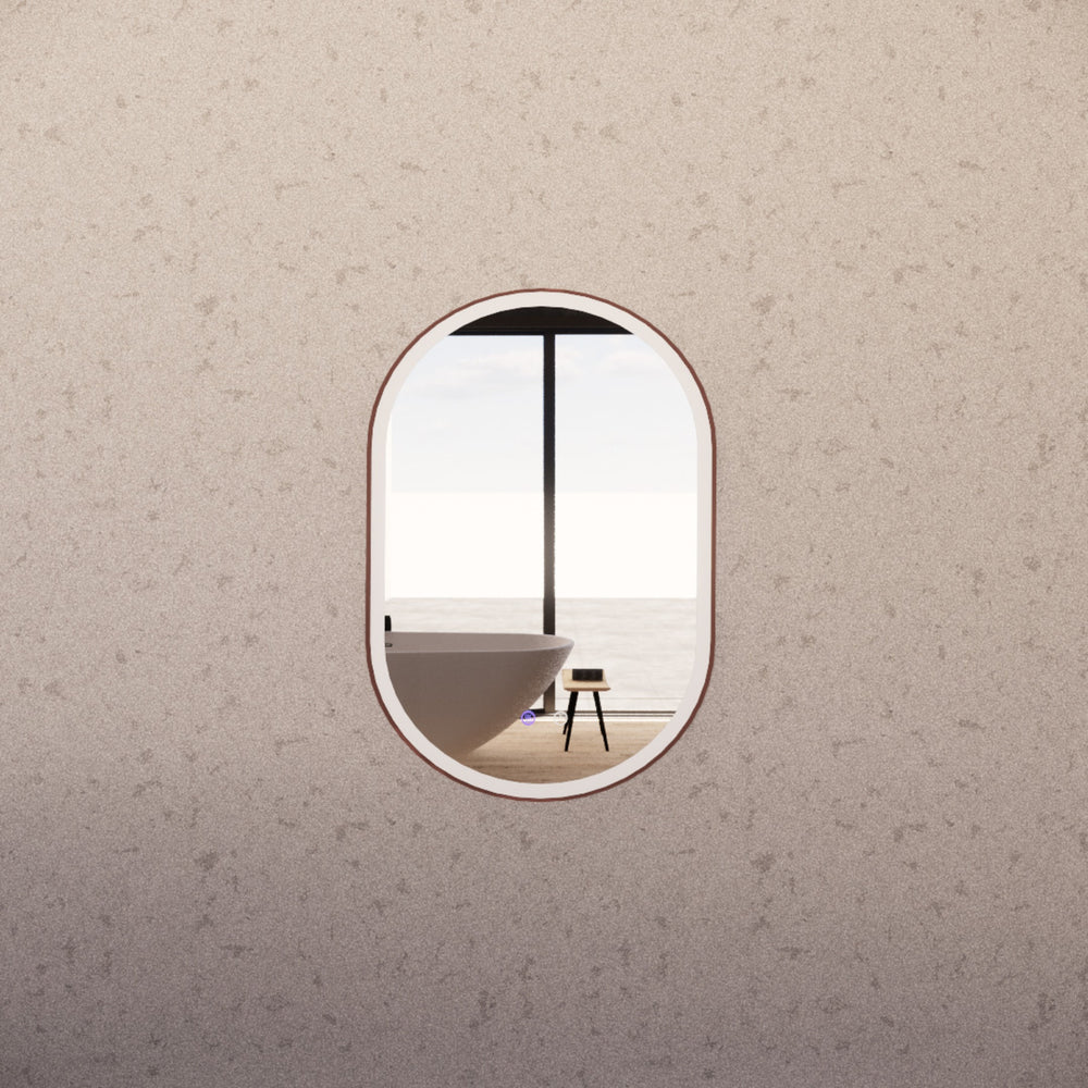 RIVA O1 FRAMED OVAL LED MIRROR 3 COLOUR LIGHTS BRUSHED COPPER 600X900MM