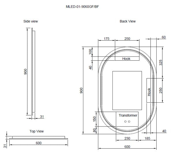 RIVA O1 FRAMED OVAL LED MIRROR 3 COLOUR LIGHTS BRUSHED NICKEL 600X900MM
