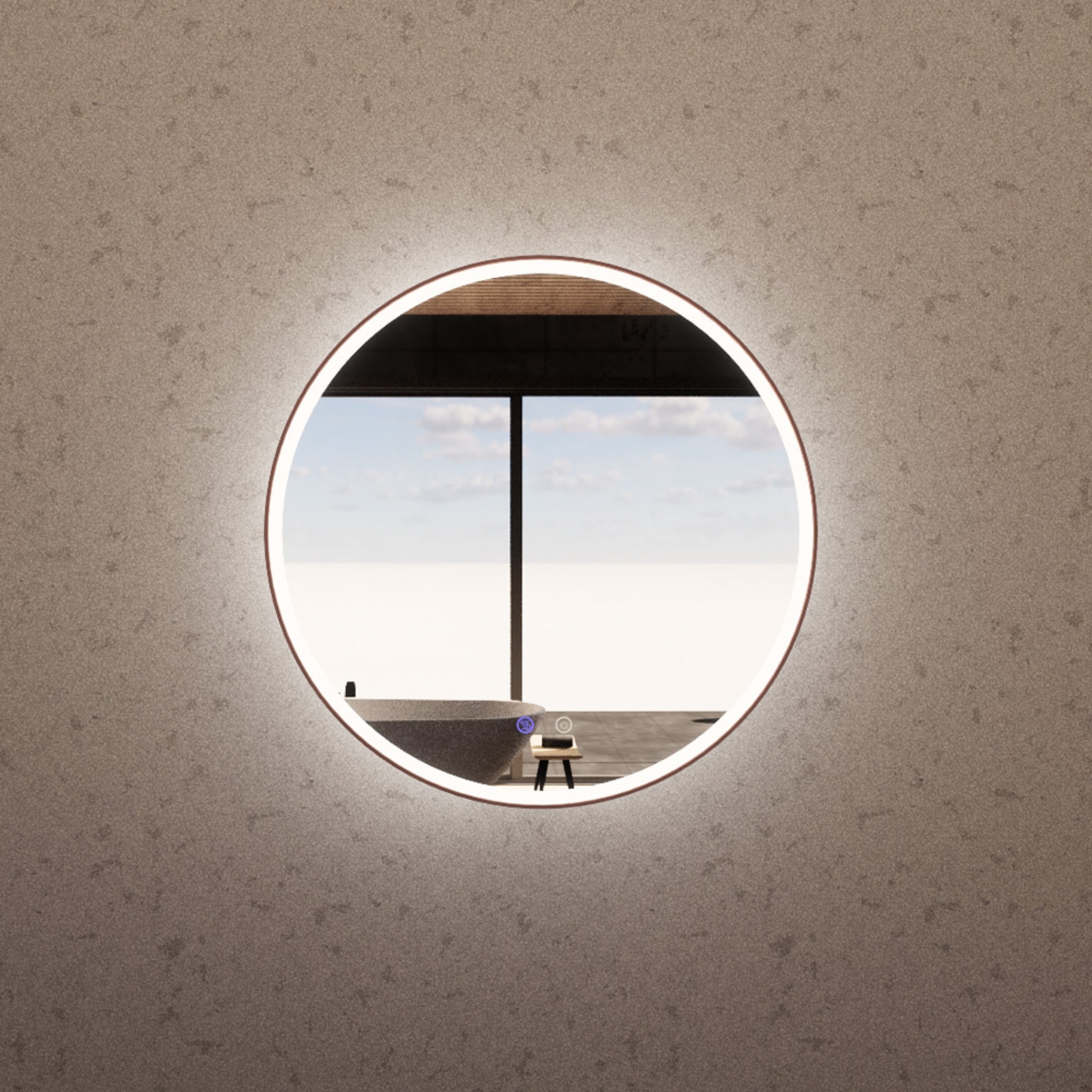 RIVA R3 FRAMED ROUND LED MIRROR 3 COLOUR LIGHTS WITH DIMMER BRUSHED COPPER 600X600MM