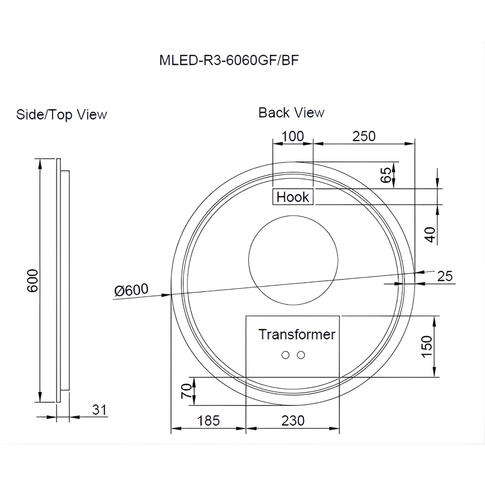 RIVA R3 FRAMED ROUND LED MIRROR 3 COLOUR LIGHTS WITH DIMMER BRUSHED COPPER 600X600MM