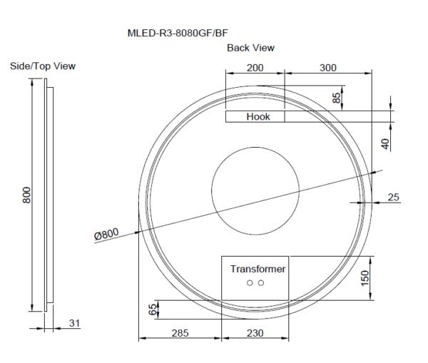 RIVA R3 FRAMED ROUND LED MIRROR 3 COLOUR LIGHTS WITH DIMMER BRUSHED NICKEL 800X800MM