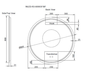RIVA R3 FRAMED ROUND LED MIRROR 3 COLOUR LIGHTS WITH DIMMER BRUSHED NICKEL 800X800MM