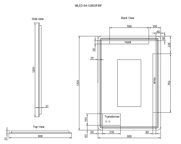 RIVA S4 FRAMED RECTANGLE LED MIRROR 3 COLOUR LIGHTS WITH DIMMER BRUSHED NICKEL 800X1200MM