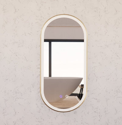 RIVA O1 FRAMED OVAL LED MIRROR 3 COLOUR LIGHTS GOLD 450X900MM