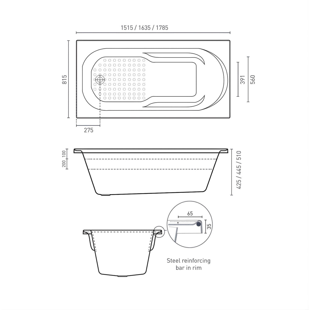 DECINA MODENA INSET CONTOUR SPA BATH GLOSS WHITE (AVAILABLE IN 1515MM, 1635MM AND 1785MM) WITH 12-JETS