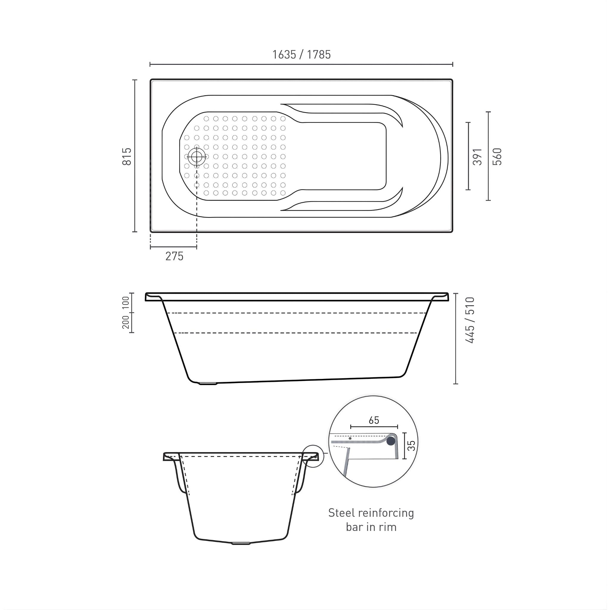 DECINA MODENA INSET DOLCE VITA SPA BATH GLOSS WHITE (AVAILABLE IN 1635MM AND 1785MM) WITH 16-JETS