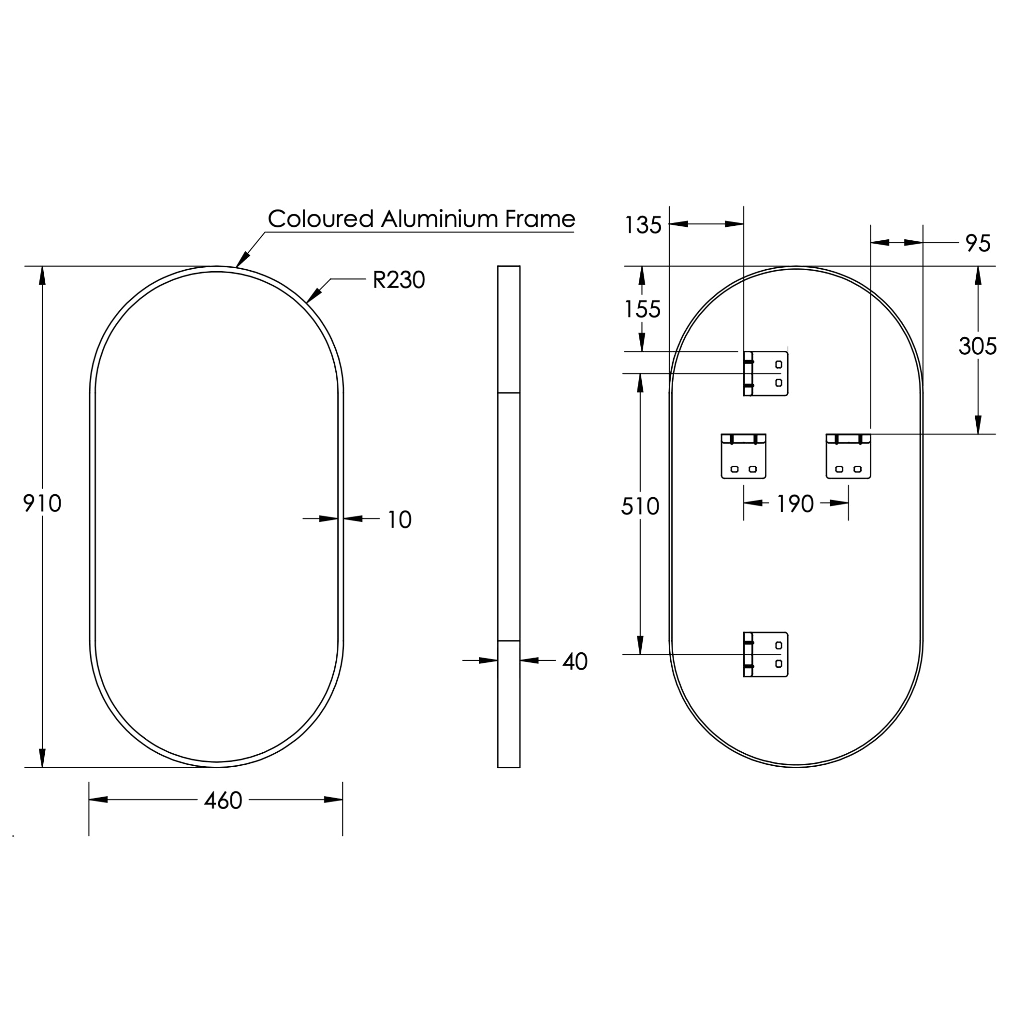REMER MODERN OBLONG OVAL FRAMED MIRROR WITH PORTABLE MAGNIFIER CUSTOM COLOURS 460X910MM