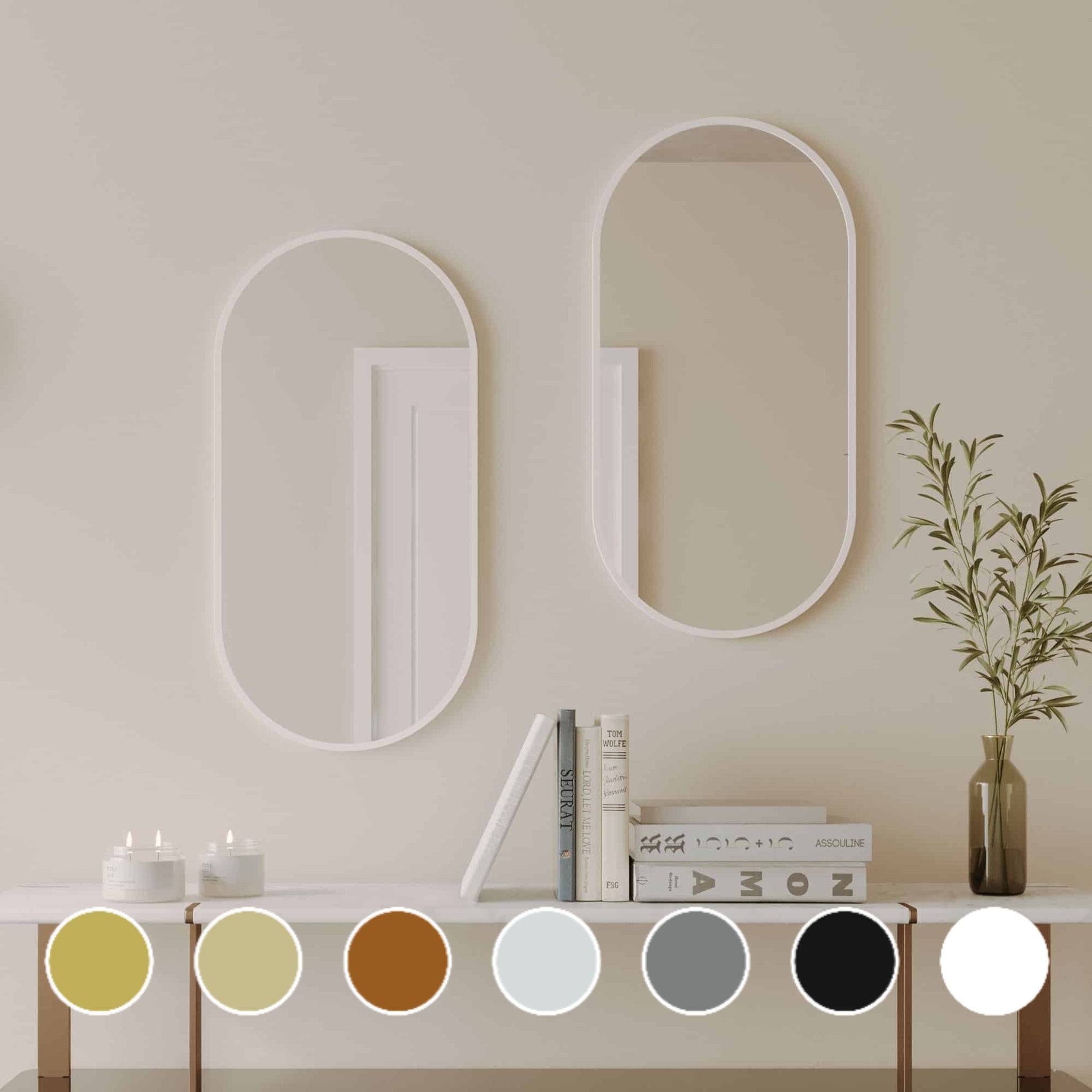 REMER MODERN OBLONG OVAL FRAMED MIRROR WITH PORTABLE MAGNIFIER CUSTOM COLOURS 460X910MM