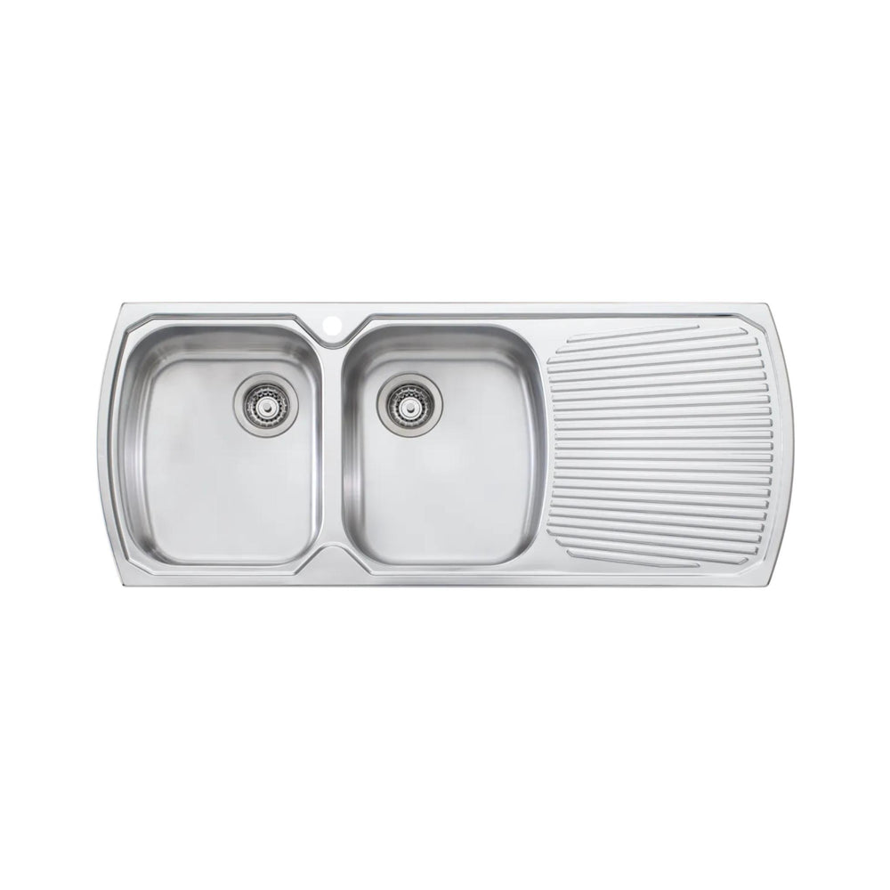 OLIVERI MONET DOUBLE BOWL TOPMOUNT KITCHEN SINK WITH TAPHOLE & DRAINER STAINLESS STEEL 1200MM