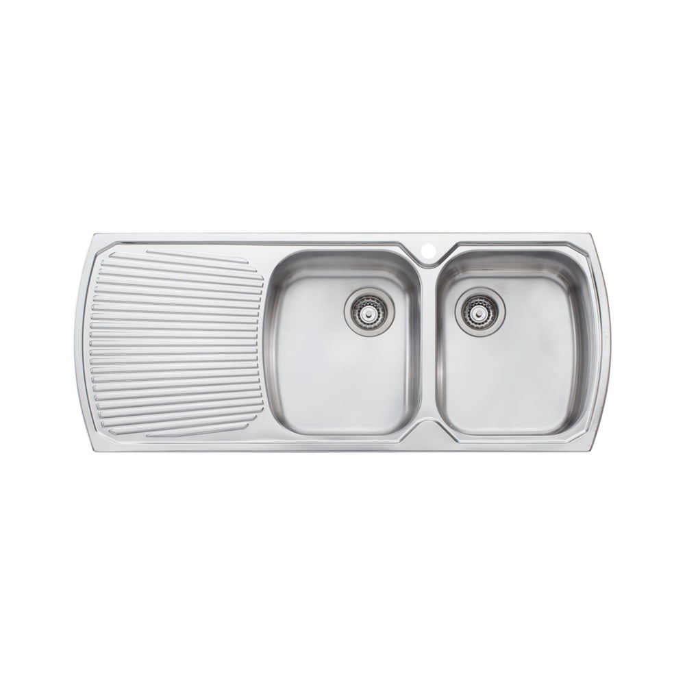 OLIVERI MONET DOUBLE BOWL TOPMOUNT KITCHEN SINK WITH TAPHOLE & DRAINER STAINLESS STEEL 1200MM