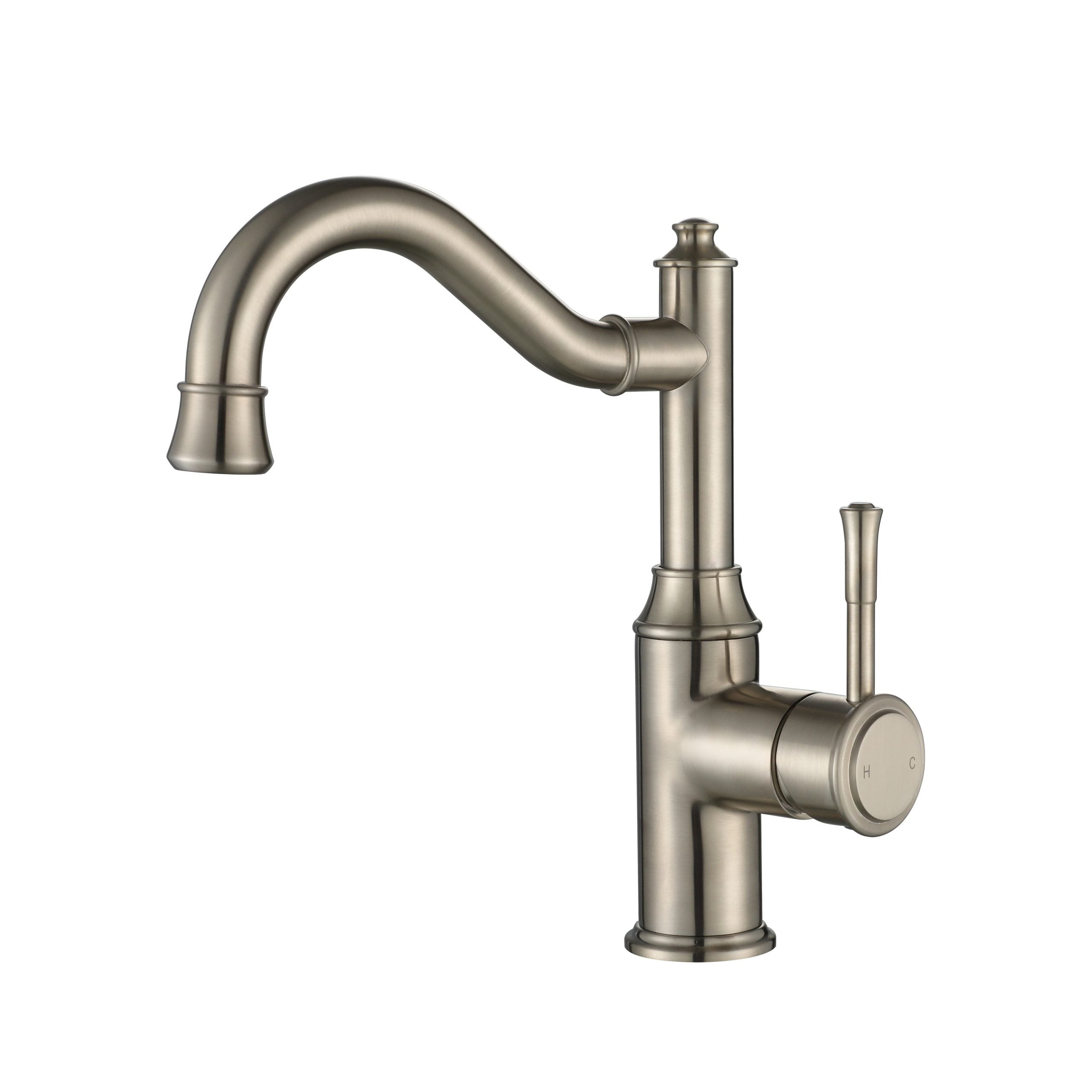 MODERN NATIONAL MONTPELLIER SHEPHERDS CROOK HIGH RISE TALL BASIN MIXER 256MM BRUSHED NICKEL