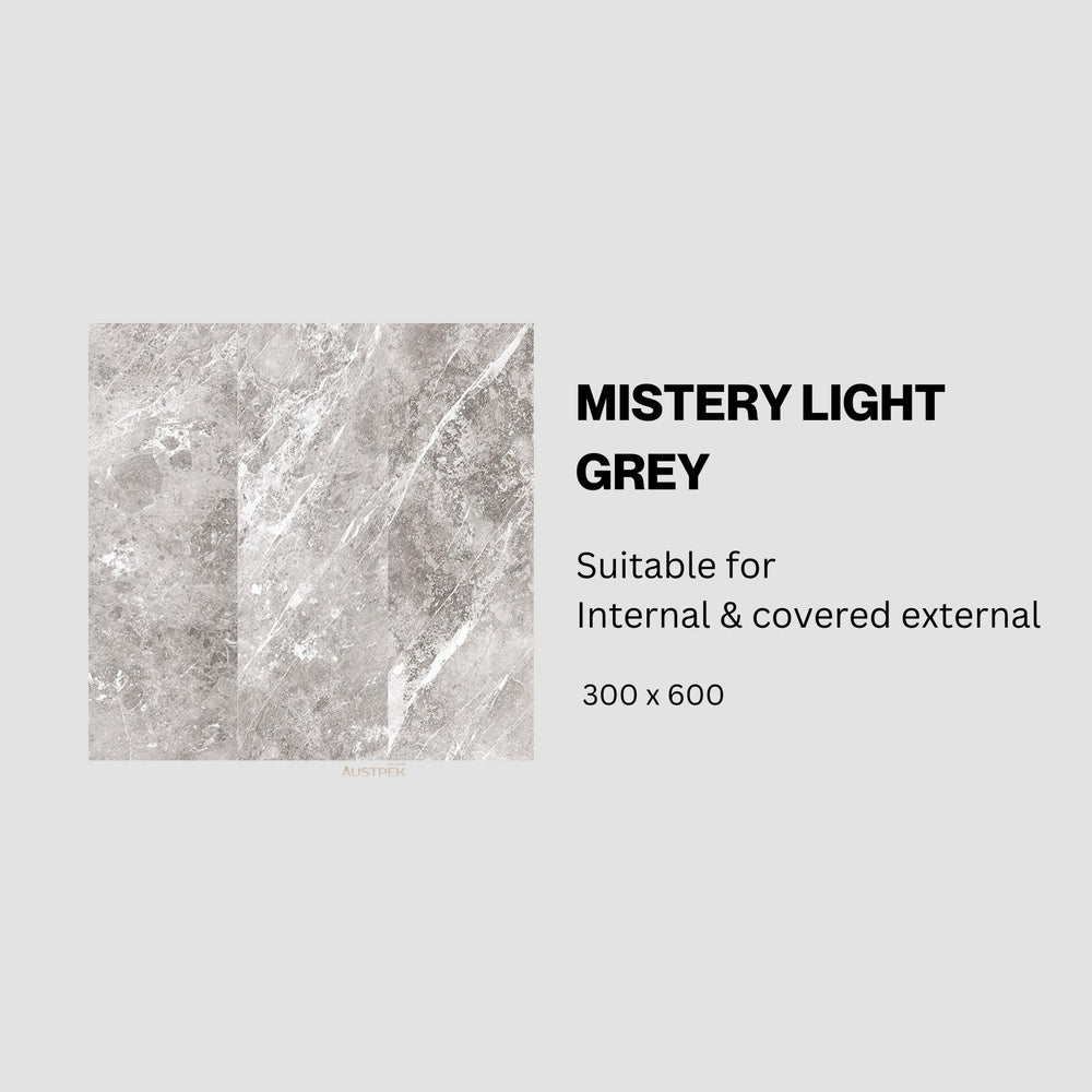 MUSES MISTERY LIGHT GREY MATTE 300X600MM RECTANGULAR TILE (PER BOX)