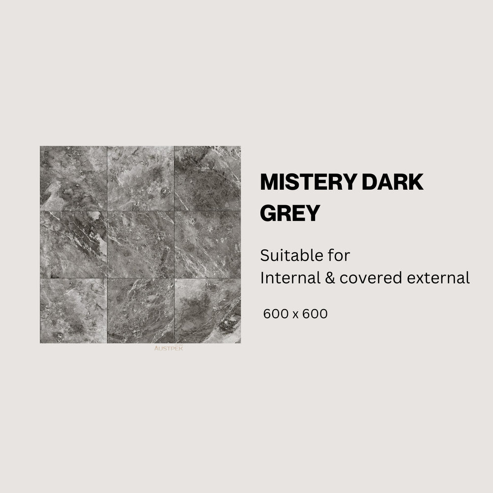 MUSES MISTERY DARK GREY MATTE 600X600MM SQUARE TILE (PER BOX)