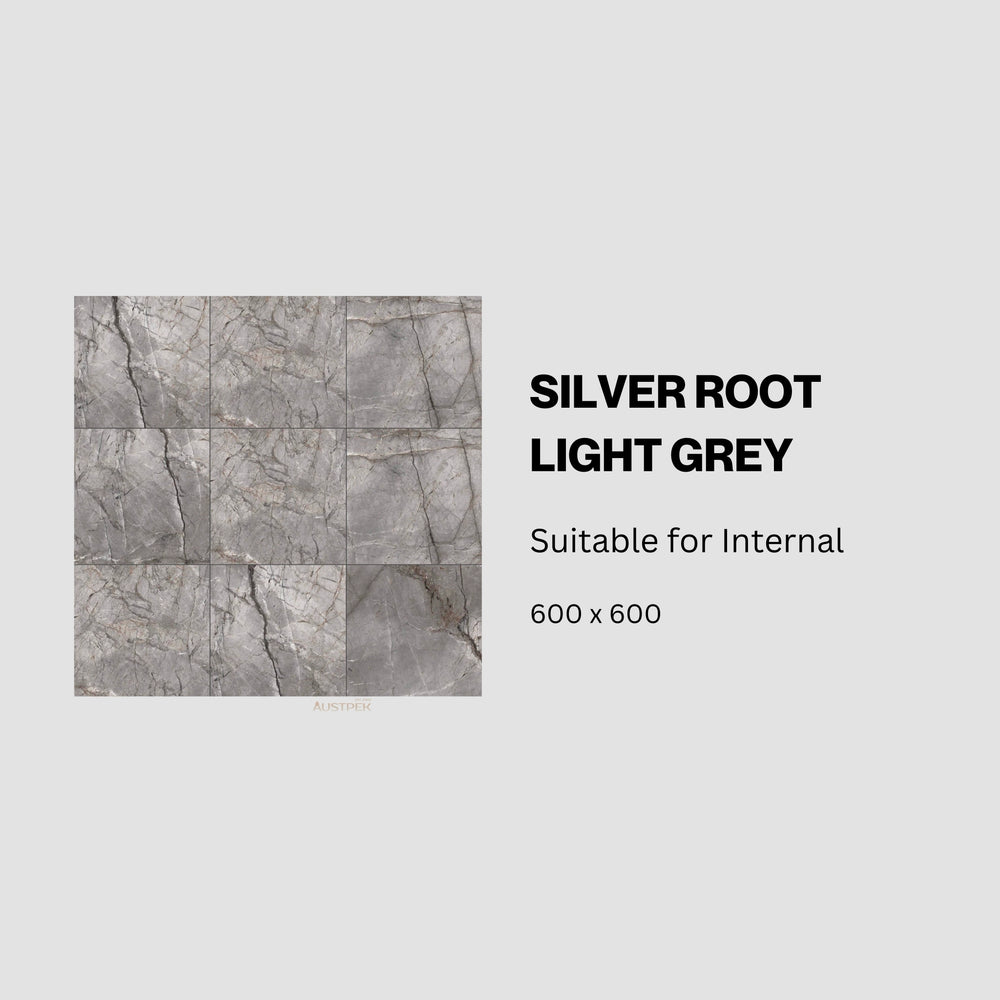 MUSES SILVER ROOT LIGHT GREY SOFT POLISHED 600X600MM SQUARE TILE (PER BOX)