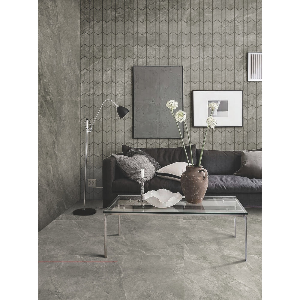 MUSES ARDESIA LIGHT GREY FELLTEC 73X260MM CHEVRON MOSAIC TILE (PER BOX)