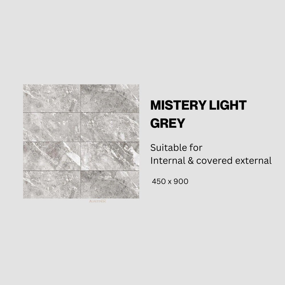 MUSES MISTERY LIGHT GREY MATTE 450X900MM RECTANGULAR TILE (PER BOX)