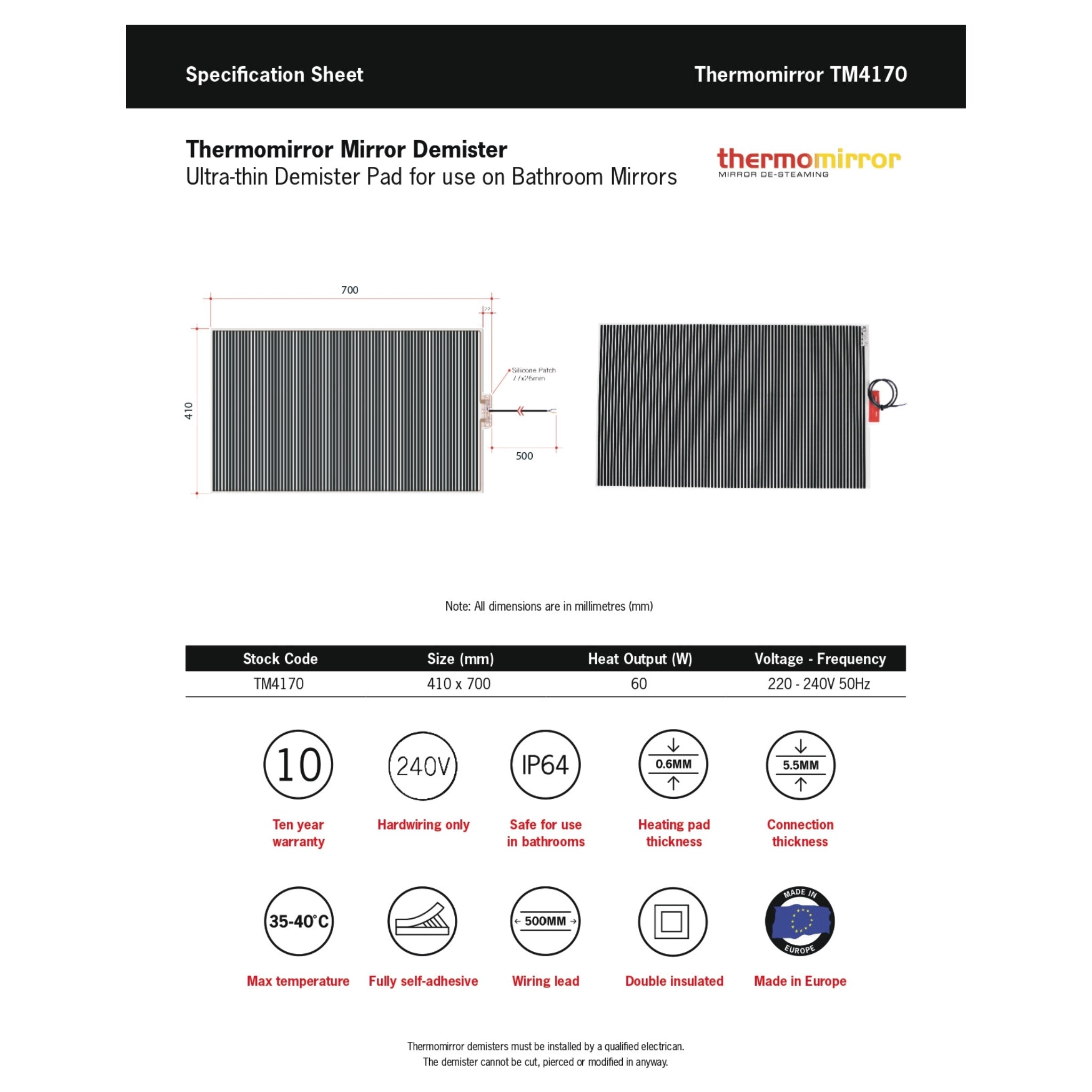 THERMOGROUP ABLAZE RECTANGLE 25MM BEVEL EDGE MIRROR WITH DEMISTER 750X900MM