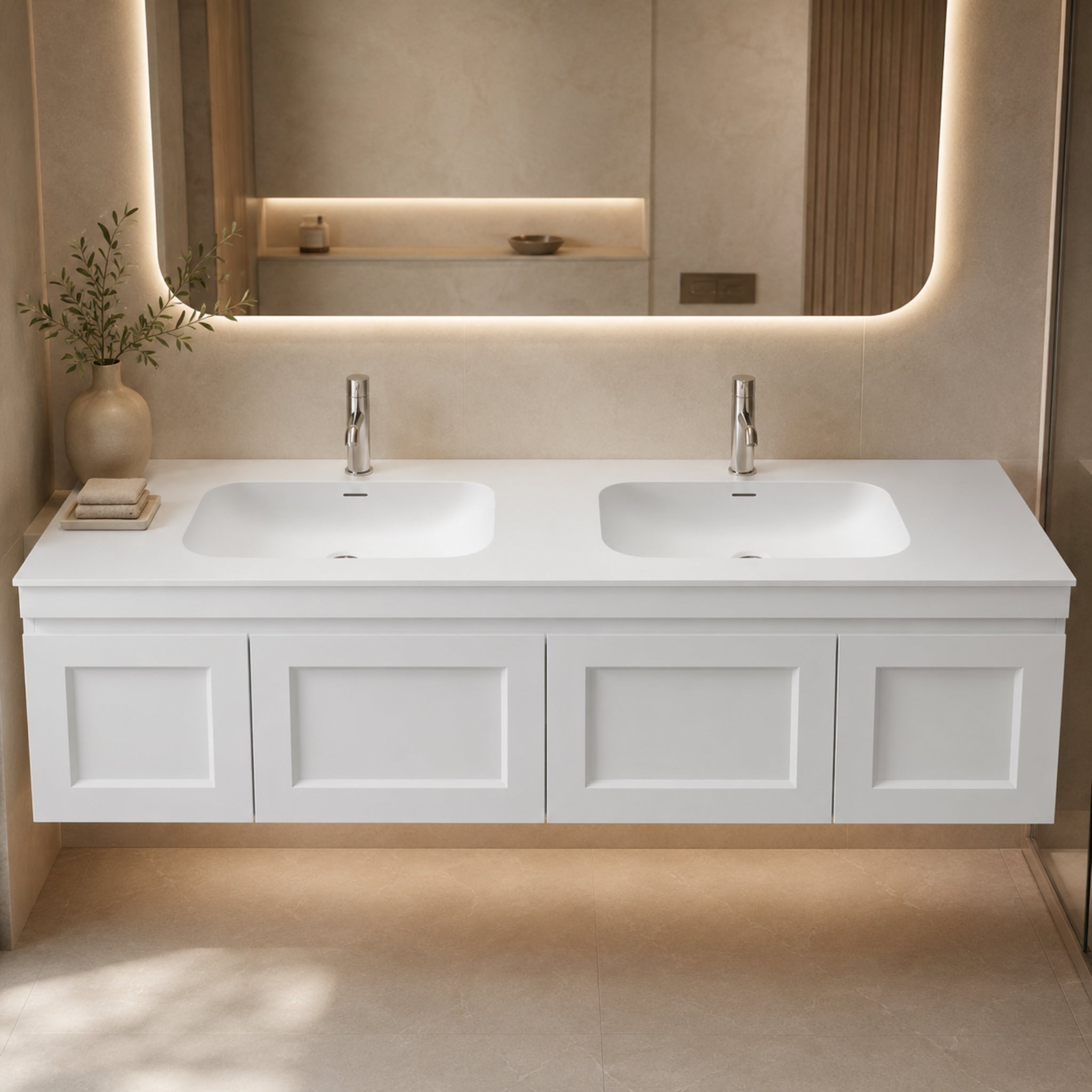 OTTI CHLOE SILK MATTE WHITE UNDERMOUNT DOUBLE VANITY SOLID SURFACE STONE TOP WITH BASIN (AVAILABLE IN 1200MM, 1500MM, AND 1800MM)