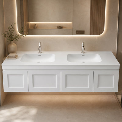 OTTI CHLOE SILK MATTE WHITE UNDERMOUNT DOUBLE VANITY SOLID SURFACE STONE TOP WITH BASIN (AVAILABLE IN 1200MM, 1500MM, AND 1800MM)